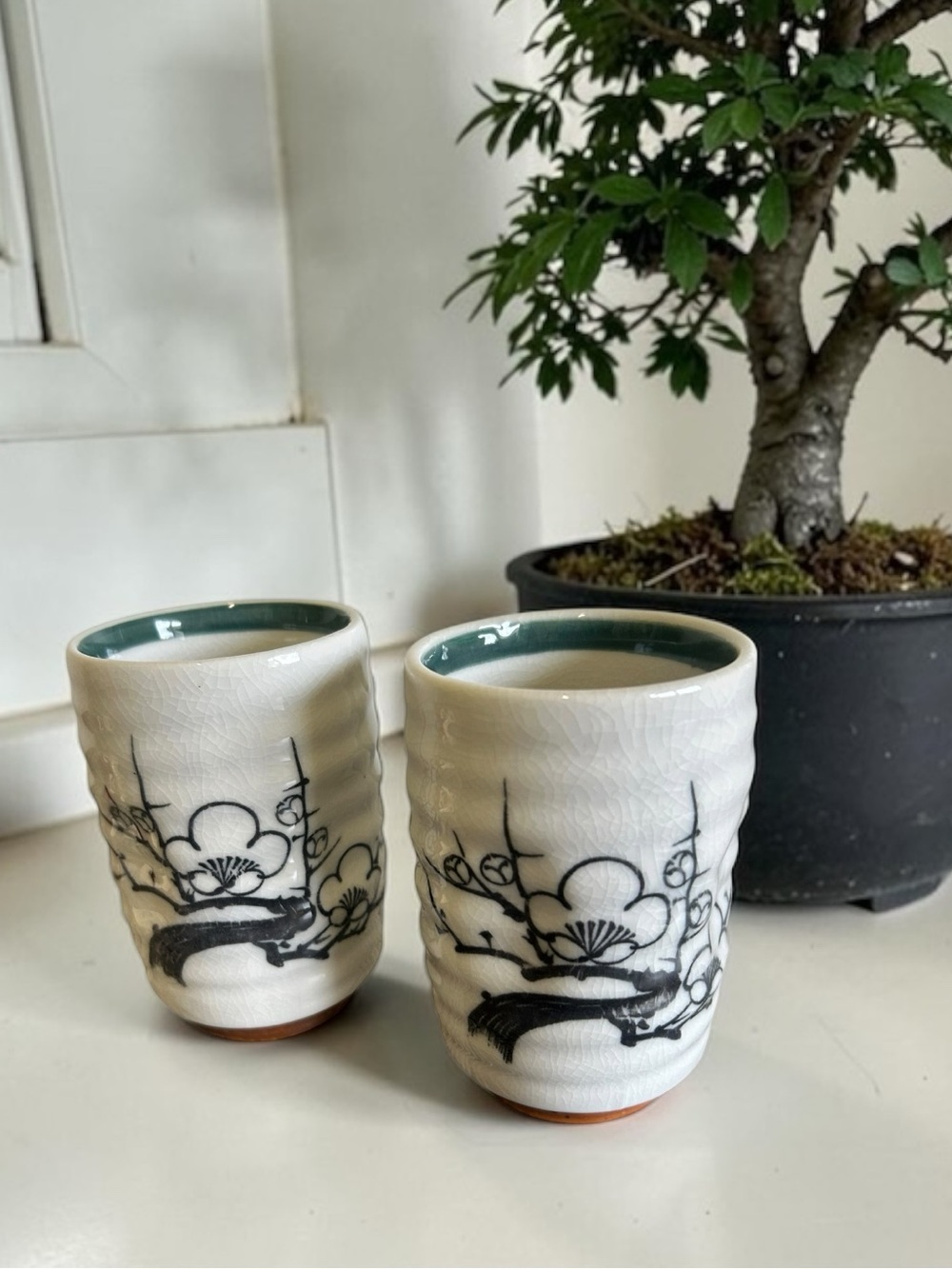 Set of 2 Vintage Japanese Yunomi Teacups - Hand Painted Plum Blossom White Crack